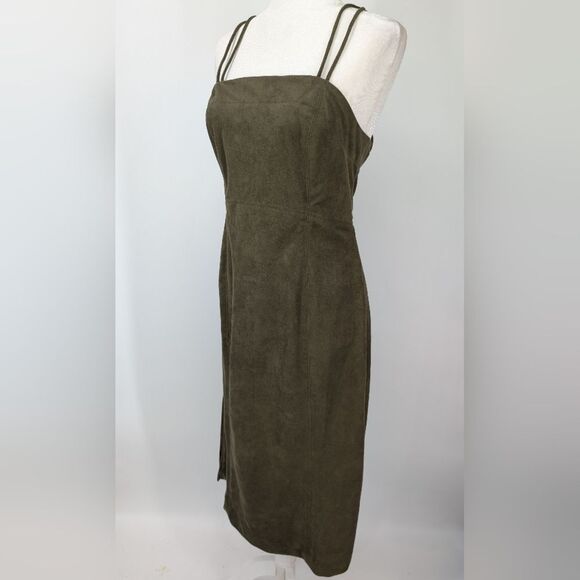 By Anthropologie Moss Green Vegan Faux Suede Sleeveless Midi Dress US 10 - Picture 7 of 12